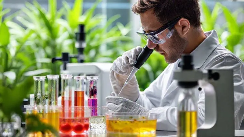A photorealistic, professional photography, 8K, cinematic lighting, sharp focus image of a sophisticated laboratory setup analyzing various bio-feedstocks. Petri dishes, test tubes with vibrant plant extracts, and advanced spectrophotometers are visible. A scientist in a lab coat is meticulously pipetting a sample, with a background of lush, green, abstract plant patterns. Depth of field blurs the background, shot on a high-end DSLR, conveying scientific rigor and natural origin.