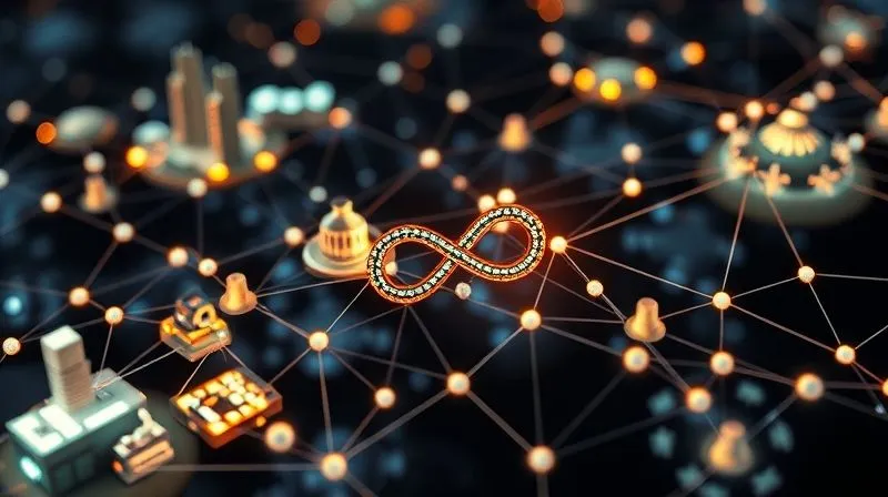 A photorealistic, professional photography shot of a complex, interconnected supply chain network for textiles. Different nodes represent factories, recycling centers, and brands, all linked by glowing, efficient data flows. The central focus is on collaboration and material reuse, with a subtle 'infinity loop' symbol integrated into the network. Cinematic lighting, sharp focus, depth of field, 8K hyper-detailed, shot on a high-end DSLR.