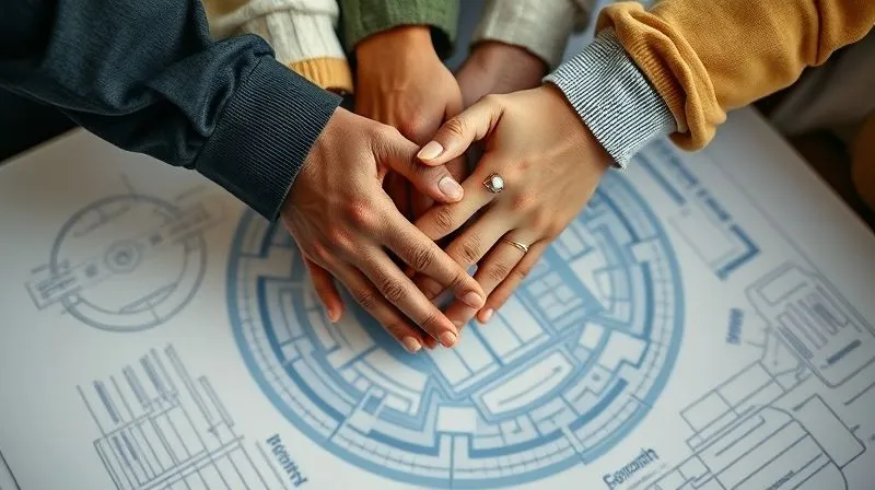 A photorealistic, professional photography shot of diverse hands (representing different stakeholders: industry, government, consumers) clasped together over a blueprint of a circular textile factory. The image conveys collaboration and collective effort towards a shared sustainable future. Cinematic lighting, sharp focus on the hands and blueprint, depth of field blurring the background, 8K hyper-detailed, shot on a high-end DSLR.