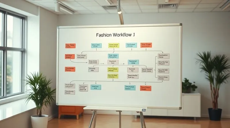 A photorealistic image of a detailed workflow diagram for fashion content creation, with bottlenecks highlighted in red and streamlined paths in green, displayed on a clean whiteboard in a stylish, well-lit office. Professional photography, 8K, cinematic lighting, sharp focus on the diagram, depth of field blurring the background.
