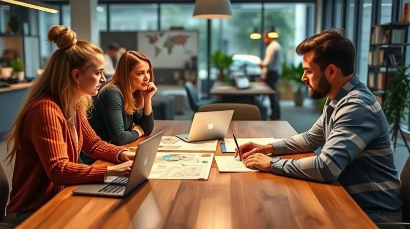 A photorealistic, professional photography, 8K image of a diverse group of creative professionals (stylist, photographer, writer, social media manager) collaborating around a large table, looking at mood boards and laptops, with a vibrant, stylish atmosphere. Cinematic lighting, sharp focus on their engaged faces, depth of field blurring the modern office background, conveying teamwork and synergy.