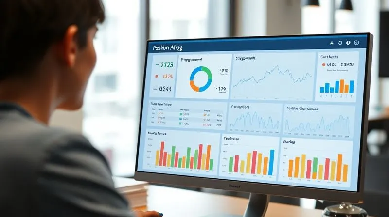 A photorealistic image of a sleek, modern data analytics dashboard displaying various fashion blog KPIs (engagement, traffic, conversions) with vibrant, clear charts and graphs. The screen is in sharp focus, with a blurred background of a stylish, minimalist office. Professional photography, 8K, cinematic lighting, conveying data-driven decision making.