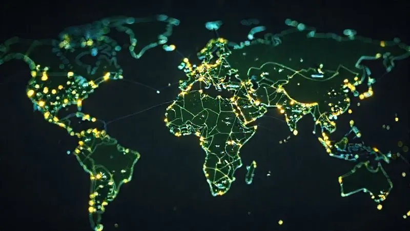 A detailed, photorealistic digital map of the world with interconnected glowing lines representing ethical supply chains for textiles. Specific nodes highlight sustainable farming regions and eco-friendly factories, emphasizing global collaboration and transparency. Photorealistic, professional photography, 8K, cinematic lighting, sharp focus on the interconnected lines, depth of field, shot on a high-end DSLR.