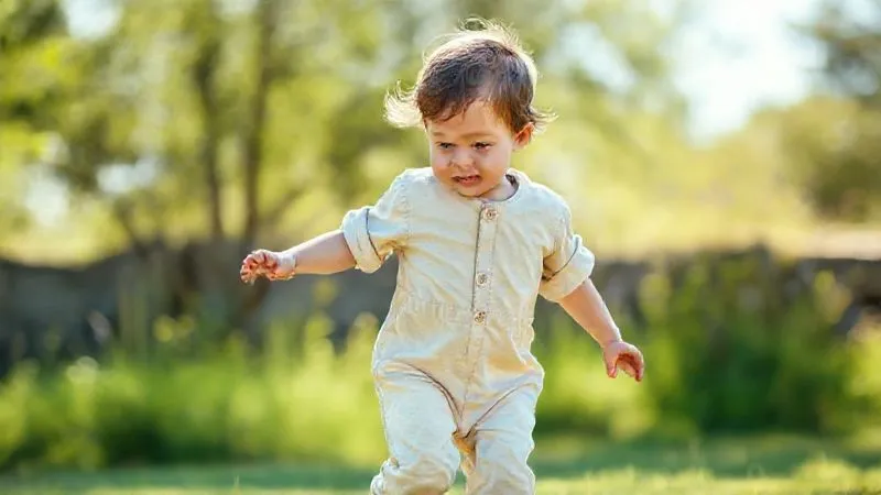 A child wearing a versatile, gender-neutral organic cotton jumpsuit, playing in a sunlit, natural setting. The jumpsuit features adjustable elements like roll-up sleeves and pant legs, subtly hinting at its extended wear potential. Photorealistic, professional photography, 8K, cinematic lighting, sharp focus on the child and clothing, depth of field, shot on a high-end DSLR.