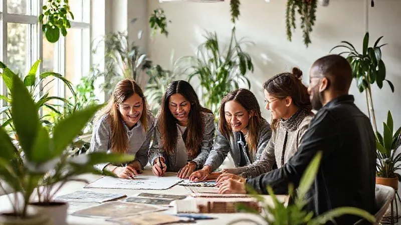 A diverse team of young professionals collaborating enthusiastically in a bright, modern office space filled with natural light and abundant indoor plants. They are gathered around a table, sketching designs and discussing sustainable fabric swatches. The atmosphere is vibrant and innovative. Photorealistic, professional photography, 8K, cinematic lighting, sharp focus on the team, depth of field, shot on a high-end DSLR.