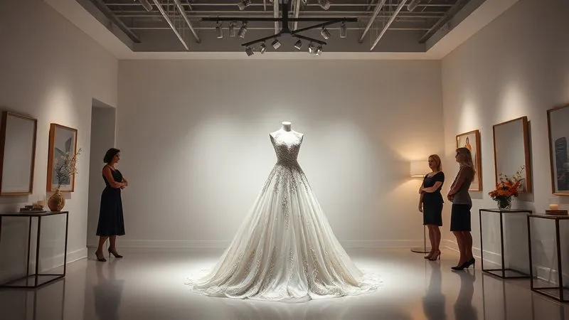 A photorealistic, professional photography, 8K, cinematic lighting, sharp focus, depth of field, shot on a high-end DSLR. A luxurious, elegantly arranged pop-up haute couture atelier in a sophisticated, minimalist gallery space, showcasing a single exquisite gown under a spotlight, with a few discerning clients admiring it from a distance. The atmosphere is exclusive and serene.