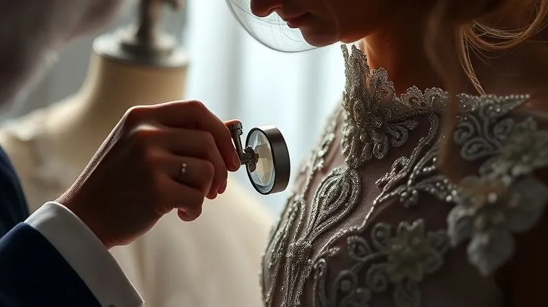 A photorealistic, professional photography, 8K, cinematic lighting, sharp focus, depth of field, shot on a high-end DSLR, depicting a master artisan with a magnifying glass meticulously inspecting the intricate hand-stitched details of a haute couture gown, surrounded by soft light. The scene emphasizes precision, dedication, and the unyielding commitment to perfection in luxury craftsmanship during a quality control check.