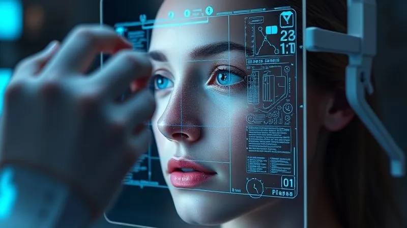 A photorealistic image of an advanced AI skin diagnostic device scanning a client's face, displaying complex data overlays on a transparent screen, professional photography, 8K, cinematic lighting, sharp focus, depth of field, shot on a high-end DSLR.