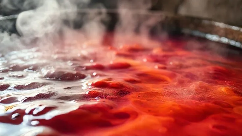 Close-up of a textile dyeing vat using advanced, water-saving technology, with vibrant colors and steam, cinematic lighting, 8K, professional photography, sharp focus on the liquid surface, depth of field blurring the background, shot on a high-end DSLR.