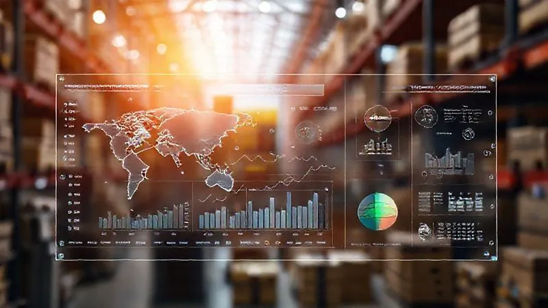 A photorealistic, professional photography shot of a sophisticated digital dashboard displaying real-time data analytics for a textile supply chain, with interconnected nodes representing farms, factories, and distribution. Holographic elements overlay the screen, showing fiber origin and environmental metrics. 8K, cinematic lighting, sharp focus on the central display, depth of field blurring a background of busy logistics, shot on a high-end DSLR.