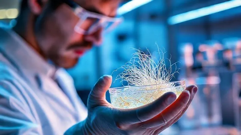 A photorealistic, professional photography shot of a scientist in a modern, clean lab examining a petri dish containing innovative bio-engineered natural fibers (e.g., mycelium threads or lab-grown spider silk), illuminated by soft, scientific light. The background shows advanced lab equipment. 8K, cinematic lighting, sharp macro focus on the petri dish, depth of field blurring the scientist and background, shot on a high-end DSLR.