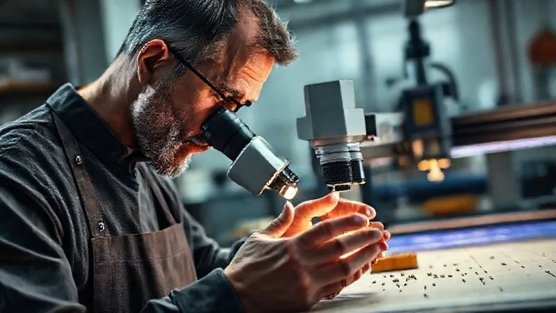 Photorealistic, professional photography, 8K, cinematic lighting, sharp focus, depth of field. A master artisan in a modern, well-lit workshop, meticulously inspecting a component with a sophisticated digital microscope, while in the background, a precision laser cutter operates on material with clean lines and subtle light effects. The scene should convey a harmonious blend of traditional skill and advanced technology working together. The artisan's face shows concentration and expertise. His hands are visible, holding the component delicately.