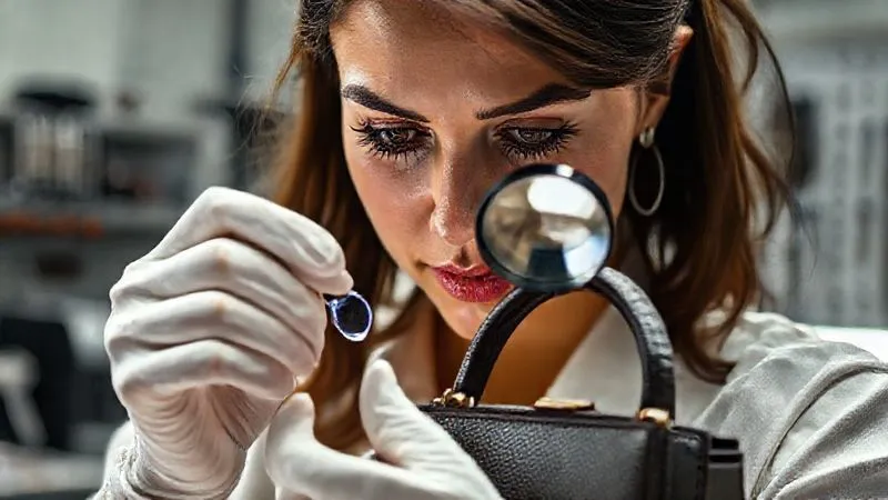 Photorealistic, professional photography, 8K, cinematic lighting, sharp focus, depth of field. A master artisan, wearing clean white gloves, meticulously examining a finished luxury handbag under bright, focused light. Her expression is one of intense concentration, highlighting a small detail with a magnifying glass. The background shows a clean, organized quality control station with various precision tools, conveying a sense of rigorous inspection and dedication to perfection. The lighting should emphasize the texture and quality of the handbag.