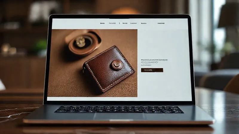 Photorealistic, professional photography, 8K, cinematic lighting, sharp focus, depth of field. A sophisticated, elegant e-commerce website interface displaying a luxury artisan product (e.g., a hand-stitched leather wallet or a bespoke piece of jewelry). The website design is minimalist and high-end, with crisp imagery and clear, refined typography. The screen is shown on a sleek, modern tablet or laptop, with a blurred background suggesting a luxurious home or office environment. The focus should be on the digital elegance and ease of access to high-end goods online.