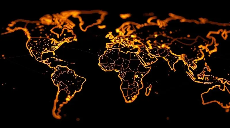 Photorealistic, professional photography, 8K, cinematic lighting, sharp focus, depth of field, shot on a high-end DSLR. A finely detailed map of the world, with glowing, interconnected lines highlighting specific, strategically chosen cities. The lines are subtle, elegant, suggesting a network of exclusive luxury boutiques rather than mass distribution. The overall impression is one of precise, thoughtful global reach.