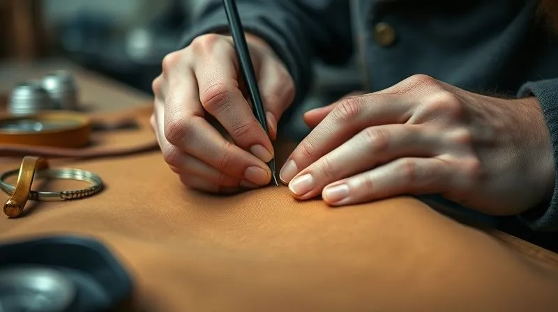 Photorealistic, professional photography, 8K, cinematic lighting, sharp focus, depth of field, shot on a high-end DSLR. A skilled artisan's hands, with subtle signs of experience, meticulously working on a detail of a luxury garment or accessory. The focus is on the hands and the intricate work, with high-quality materials (e.g., fine leather, silk fabric, precious metal) visible. The background is softly blurred, hinting at a sophisticated, organized atelier or workshop.