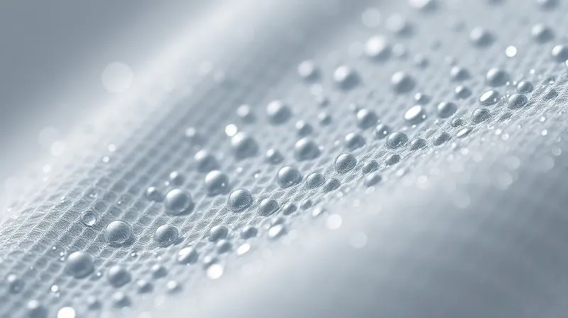 A photorealistic, highly detailed microscopic view of a fabric surface, showing embedded nanoparticles or a complex surface structure responsible for self-cleaning properties. The image should convey precision and the delicate nature of the technology, with subtle shimmering light effects. Professional photography, 8K, cinematic lighting, sharp focus, depth of field, shot on a high-end DSLR.
