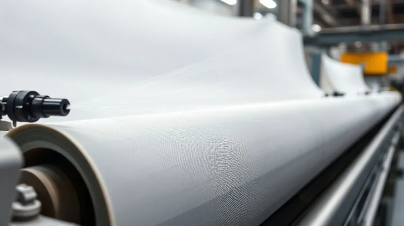 A photorealistic, professional photography shot of a modern industrial textile coating line. Focus on precision nozzles applying a fine, even mist of self-cleaning agent onto a wide roll of fabric moving rapidly. Cinematic lighting highlights the uniformity of the application. 8K, sharp focus, depth of field, shot on a high-end DSLR, conveying efficiency and technological advancement.