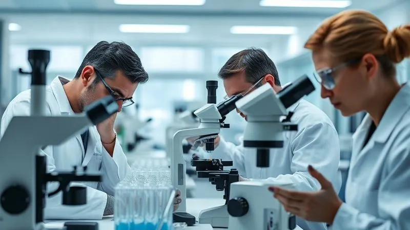 A photorealistic image of scientists in a modern, clean laboratory environment, intently examining fabric samples under advanced microscopes and using analytical equipment. The scene should convey innovation, precision, and collaboration, with subtle digital overlays suggesting data analysis. Professional photography, 8K, cinematic lighting, sharp focus on the scientists and equipment, depth of field, shot on a high-end DSLR.