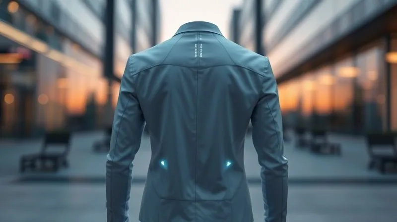A photorealistic, elegant image of a futuristic smart garment, possibly a jacket or shirt, made from a sleek, self-cleaning fabric. The garment subtly glows with integrated light elements, suggesting smart technology and connectivity. The background is clean and modern, perhaps a blurred urban environment at dusk, emphasizing a seamless blend of technology and everyday life. Professional photography, 8K, cinematic lighting, sharp focus on the garment, depth of field, shot on a high-end DSLR.