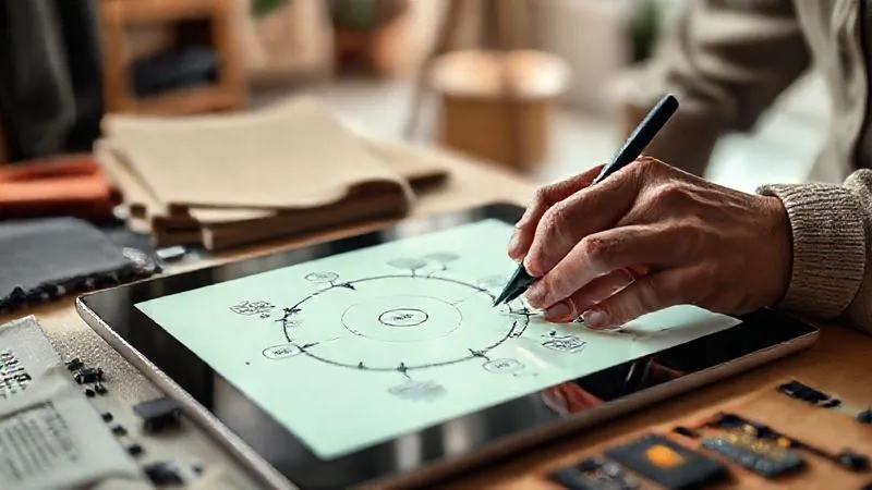 photorealistic, professional photography, 8K, cinematic lighting, sharp focus, depth of field, shot on a high-end DSLR. A close-up of a designer's hands sketching a circular flow diagram with integrated textile and electronic symbols on a tablet, surrounded by sustainable fabric swatches and small, modular electronic components. The background is a softly lit design studio, emphasizing innovation and sustainability.