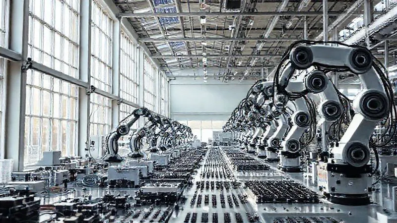 photorealistic, professional photography, 8K, cinematic lighting, sharp focus, depth of field, shot on a high-end DSLR. A clean, modern factory floor bathed in natural light, with advanced robotic arms precisely assembling tech fashion components. Large windows reveal a rooftop adorned with solar panels, and a visible water recycling system is integrated into the facility. The scene conveys efficiency, innovation, and environmental responsibility.