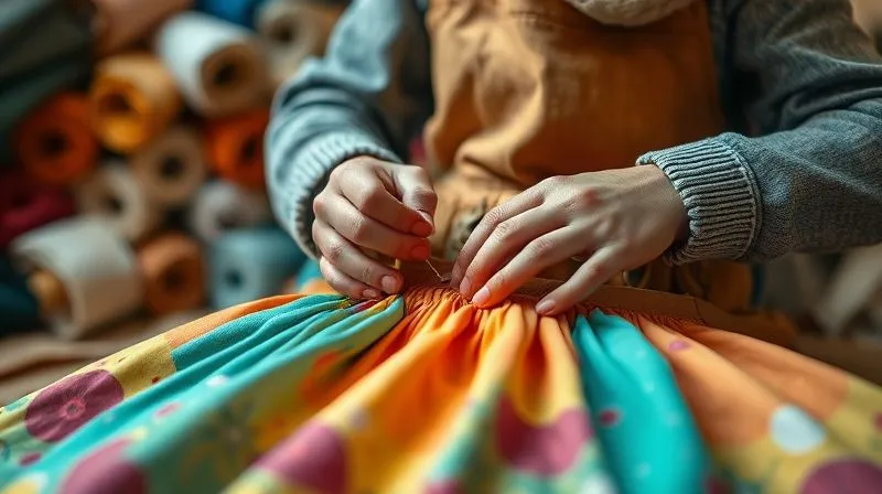 A photorealistic, professional photography, 8K image of a skilled artisan's hands meticulously inspecting the stitching on a vibrant, unique children's dress, with rolls of high-quality fabric blurred in the background. Cinematic lighting highlights the delicate details and the artisan's focused expression, conveying craftsmanship and quality control. Sharp focus on the garment and hands, depth of field blurring the background.