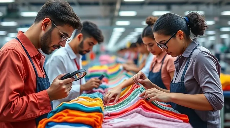 A photorealistic, professional photography, 8K image of a diverse team of quality control inspectors meticulously examining a batch of colorful children's garments on a brightly lit production floor. One inspector uses a magnifying glass for fine details, while another checks fabric integrity. Cinematic lighting creates a sense of diligence and precision, with sharp focus on the garments and inspectors' hands, and depth of field blurring the busy factory background.
