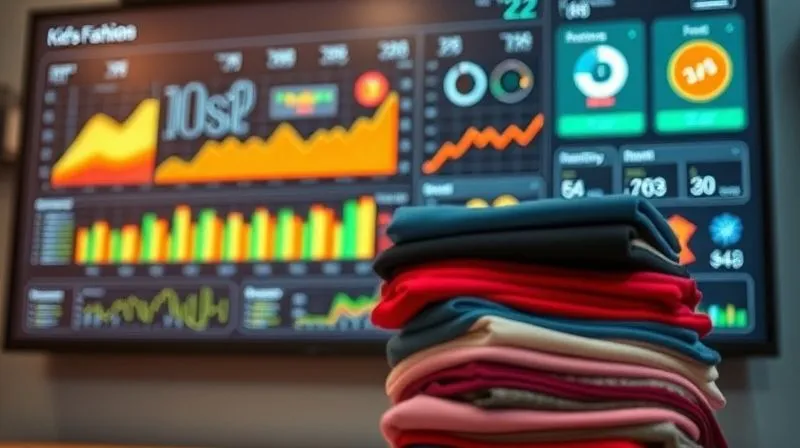 A photorealistic, professional photography, 8K image of a beautifully designed financial dashboard on a large monitor, displaying graphs and charts of revenue, profit margins, and inventory levels for a kids' fashion brand. In the foreground, a stack of vibrant, unique children's garments is subtly blurred, symbolizing the products behind the numbers. Cinematic lighting creates a serious yet hopeful atmosphere, with sharp focus on the digital data and depth of field blurring the garments.