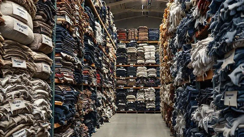 A photorealistic, professional photography, 8K, cinematic lighting, sharp focus, depth of field, shot on a high-end DSLR, of a well-organized textile warehouse, shelves stacked with large bales of sorted fabric scraps by type and color, with labels indicating 'denim,' 'cotton knits,' 'wool blends.' The scene conveys efficiency and abundant, categorized resources.