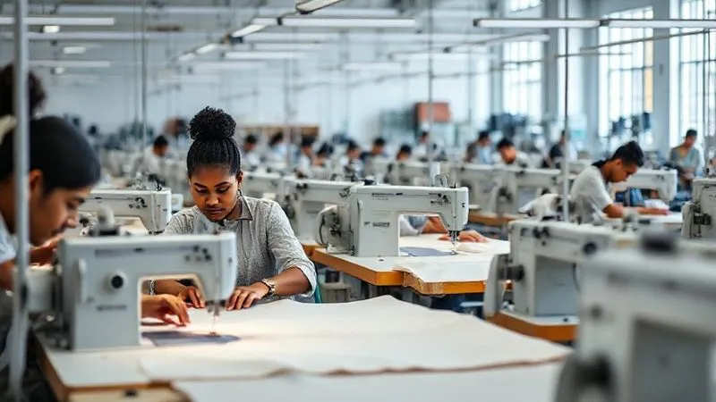 A photorealistic, professional photography, 8K, cinematic lighting, sharp focus, depth of field, shot on a high-end DSLR, depicting a modern, clean fashion production workshop. Several skilled artisans are focused on sewing machines, working on pre-cut fabric panels. The scene highlights organized workstations, a sense of collaborative efficiency, and sustainable practices in action.