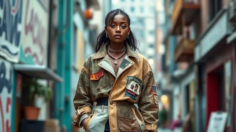 A photorealistic, professional photography, 8K, cinematic lighting, sharp focus, depth of field, shot on a high-end DSLR, of a fashion model wearing a stylish, unique upcycled garment, standing in a vibrant, artistic urban setting. The image evokes a sense of modern sustainability, individuality, and high fashion, with subtle storytelling elements in the background, perhaps a hint of repurposed material textures.