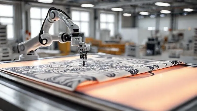 A highly advanced, sleek robotic arm precisely cutting a complex zero-waste pattern from a large roll of sustainable fabric on an illuminated cutting table in a modern, clean factory setting. Digital design schematics are projected onto the fabric, guided by AI. Photorealistic, professional photography, 8K, cinematic lighting, sharp focus on the robotic arm and fabric, depth of field blurring the background.