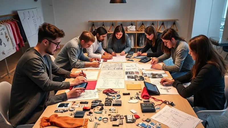 A diverse team of fashion designers, textile engineers, and software developers collaborating around a large table, sketching ideas on fabric samples, digital tablets, and whiteboards. The atmosphere is creative and energetic, with various materials and tech components scattered across the table. Photorealistic, professional photography, 8K, cinematic lighting, sharp focus, depth of field.