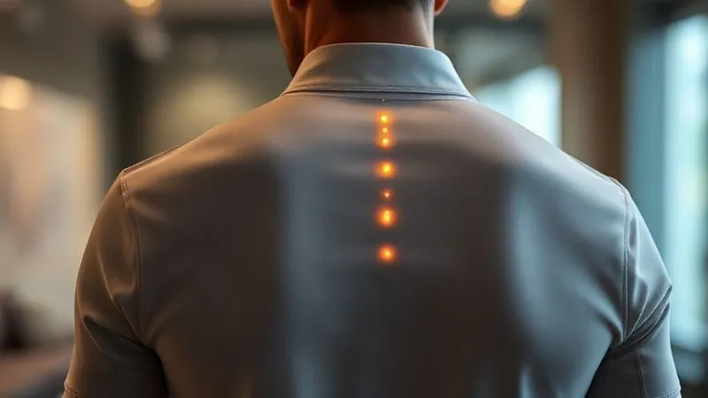 A photorealistic professional photography image of a human torso wearing a sleek, minimalist smart shirt made of a soft, breathable fabric. Subtle, almost invisible glowing points indicate ergonomically precise sensor placements along the spine and major arteries, demonstrating seamless integration without aesthetic compromise. 8K, cinematic lighting, sharp focus, depth of field.