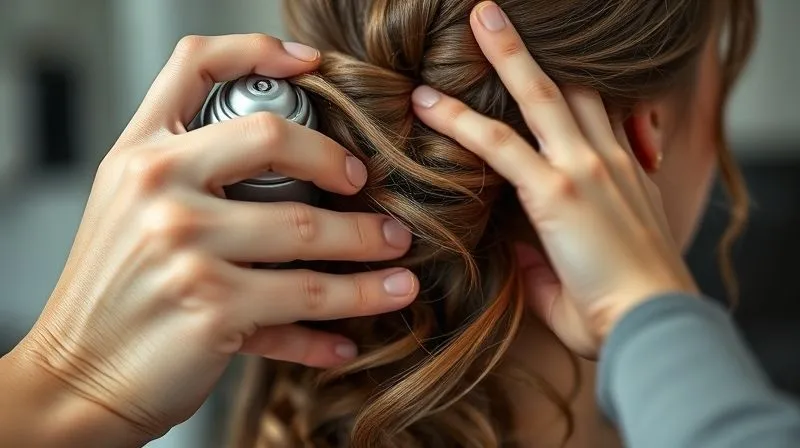 A photorealistic, professional photography, 8K, cinematic lighting, sharp focus, depth of field, shot on a high-end DSLR, close-up of a bride's fine hair being prepped with a texturizing spray, the stylist's hands gently working the product into the roots. The background is softly blurred, highlighting the hair and product.