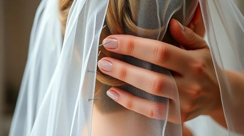 A photorealistic, professional photography, 8K, cinematic lighting, sharp focus, depth of field, shot on a high-end DSLR, close-up of a bridal veil being secured with a series of professional U-pins and bobby pins, showing the intricate cross-pinning technique. The stylist's hands are visible, demonstrating precision and expertise.