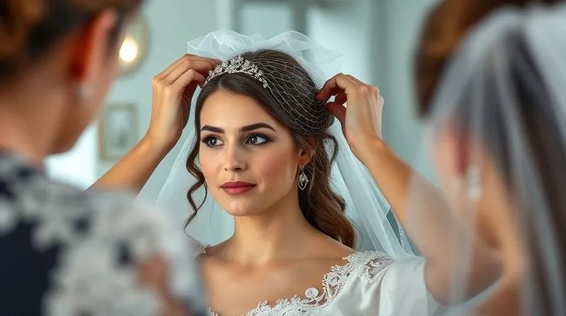 A photorealistic, professional photography, 8K, cinematic lighting, sharp focus, depth of field, shot on a high-end DSLR, a professional hairstylist demonstrating veil placement and security during a bridal hair trial. The bride is looking in a mirror, a confident and relieved expression on her face. The lighting is soft and natural.