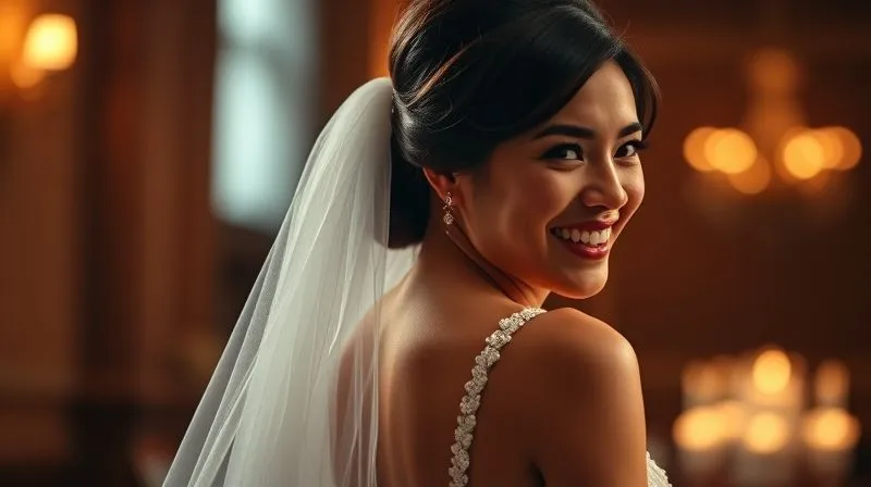 A photorealistic, professional photography, 8K, cinematic lighting, sharp focus, depth of field, shot on a high-end DSLR, a joyful bride on her wedding day, laughing and looking back over her shoulder, her beautiful, heavy veil perfectly secured and flowing elegantly behind her. The lighting is warm and celebratory, capturing a moment of pure happiness and confidence.