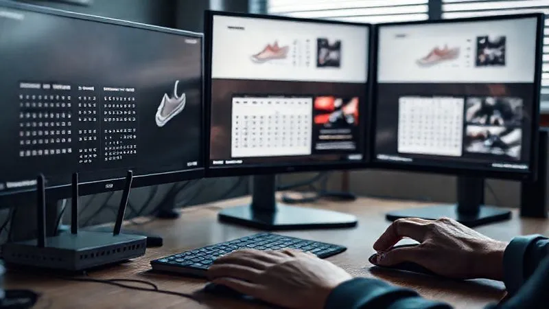 A professional photography shot of a sleek, modern desk setup with multiple monitors displaying sneaker release calendars and retail websites, a high-speed internet router visible, and a hand ready on a mouse. Photorealistic, 8K, cinematic lighting, sharp focus on the screens and hand, depth of field, shot on a high-end DSLR, conveying meticulous preparation.
