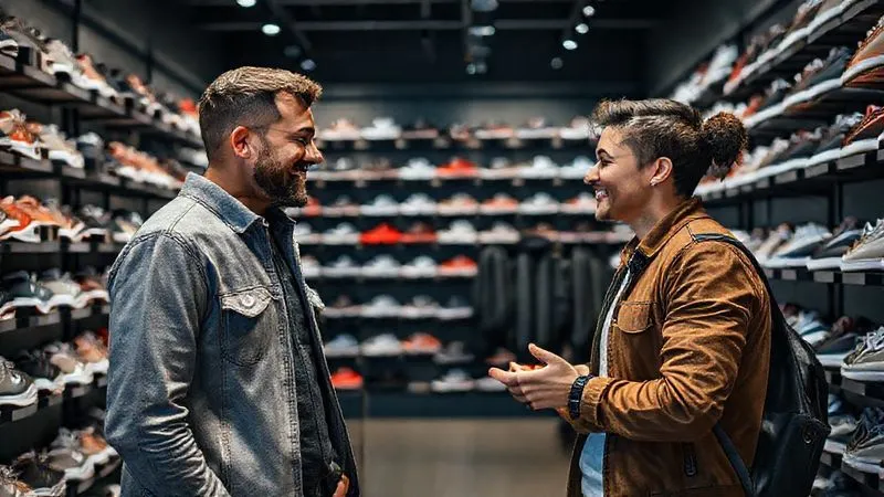A professional photography shot of a friendly interaction between a customer and a knowledgeable store associate inside a stylish sneaker boutique, surrounded by shelves of diverse footwear. Photorealistic, 8K, cinematic lighting, sharp focus on their conversation, depth of field, shot on a high-end DSLR, conveying genuine customer relationship building.