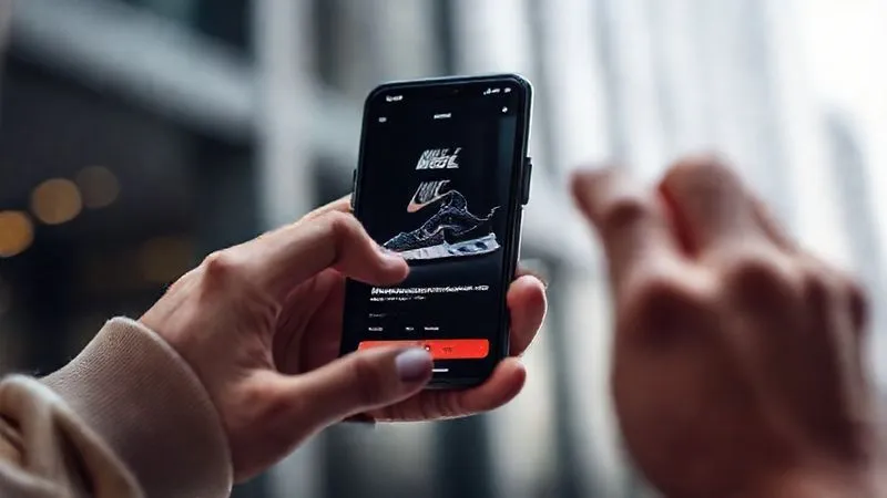 A close-up, photorealistic shot of a person's hands holding a smartphone, displaying the Nike SNKRS app with an upcoming hyped shoe release. The background is softly blurred, hinting at a modern, urban environment. Professional photography, 8K, cinematic lighting, sharp focus on the phone screen and hands, depth of field, shot on a high-end DSLR, conveying active engagement with a brand app.