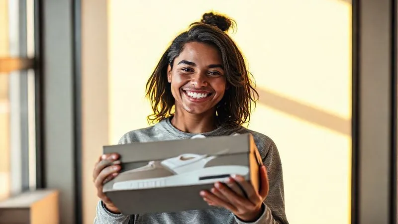 A photorealistic image of a person smiling, holding a newly acquired, hyped sneaker box, looking happy and content. The background is bright and optimistic, conveying a sense of achievement and positive mindset. Professional photography, 8K, cinematic lighting, sharp focus on the person and box, depth of field, shot on a high-end DSLR, representing mental fortitude and satisfaction.