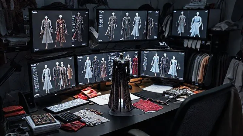 A photorealistic image of a costume designer's desk, cluttered with intricate 3D costume design renders on multiple screens, fabric swatches neatly arranged, and a miniature physical model of an avant-garde garment. Cinematic lighting, sharp focus on the digital renders and model, depth of field, 8K hyper-detailed, professional photography, shot on a high-end DSLR.