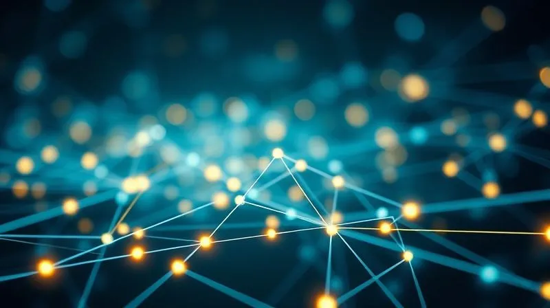 A photorealistic abstract visualization of a secure blockchain network, glowing lines connecting digital fashion assets, cinematic lighting, 8K, sharp focus, depth of field.
