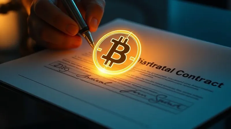 A photorealistic image of a futuristic legal document being digitally signed with a glowing blockchain symbol, representing secure contracts and intellectual property in digital fashion, 8K, cinematic lighting, sharp focus, depth of field.