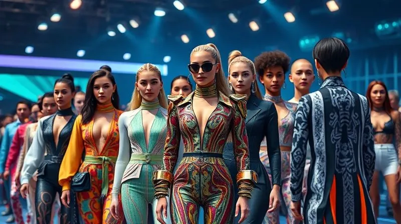 A photorealistic vibrant digital fashion show in a futuristic metaverse, with diverse avatars wearing unique, blockchain-secured garments, radiating confidence and innovation, cinematic lighting, 8K, sharp focus, depth of field.
