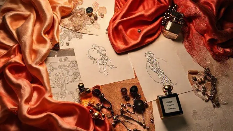 A photorealistic, professional photography, 8K, cinematic lighting, sharp focus, depth of field, shot on a high-end DSLR. A sophisticated mood board for a luxury fashion brand, featuring swatches of exquisite fabrics like silk and velvet, intricate embroidery details, sketches of elegant garments, and small, artfully arranged objects like vintage jewelry or perfume bottles, all radiating an aura of exclusivity and refined taste. The board is meticulously curated, showcasing a cohesive and compelling brand narrative.