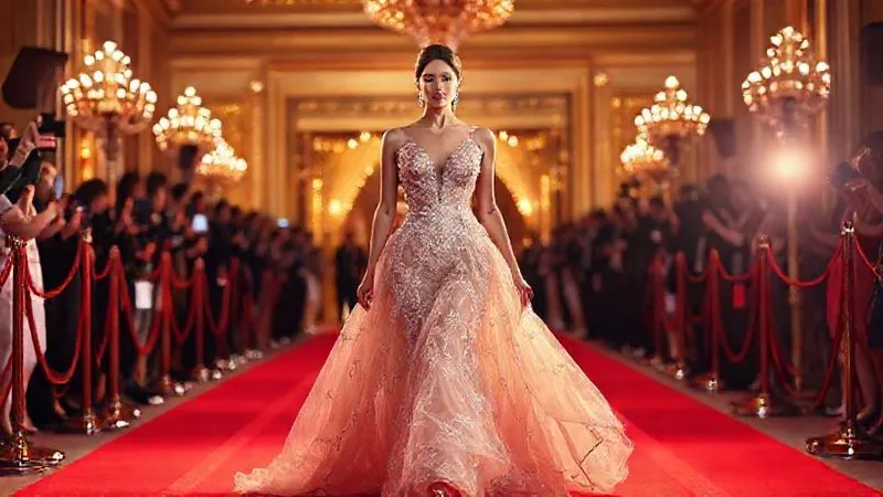 Photorealistic, professional photography, 8K, cinematic lighting, sharp focus, depth of field, shot on a high-end DSLR. A radiant celebrity, dressed in an exquisite, unique high-fashion gown, gracefully walks down a luxurious red carpet, with a backdrop of blurred flashing paparazzi lights and an opulent event entrance. The focus is on the intricate details of the gown and the celebrity's confident posture, embodying elegance and high-profile visibility.