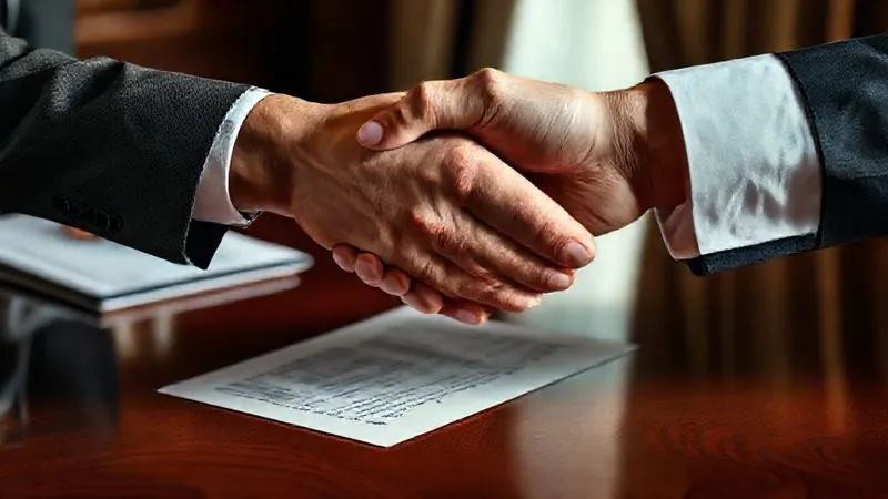 Photorealistic, professional photography, 8K, cinematic lighting, sharp focus, depth of field, shot on a high-end DSLR. A close-up of two impeccably dressed hands, one reaching across a polished mahogany table to shake the other, with a subtly blurred legal contract or agreement partly visible in the background. The lighting is warm and professional, emphasizing trust and agreement in a high-stakes negotiation, symbolizing the ethical and legal aspects of securing fashion placements.